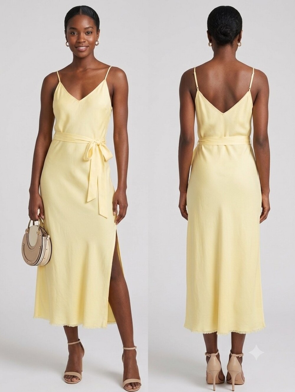 FRAME Golden Haze Yellow Satin Slip Dress Belted V-Neck Lace Trim Size M